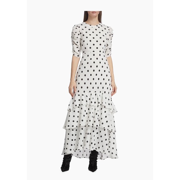 RIXO London Polka Dot Tiered Maxi Dress White Black Puff Sleeve Size US 6 UK 10 - Picture 2 of 11